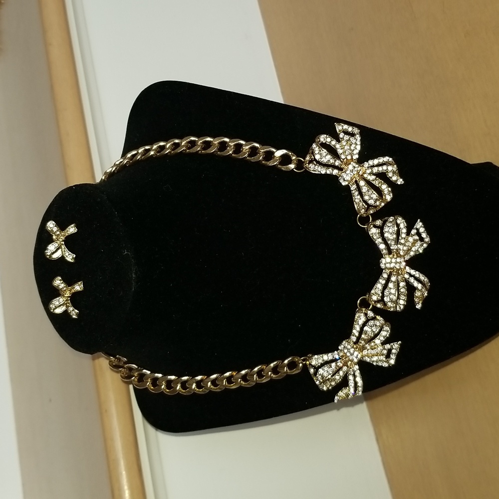 Necklace and earrings set, gold and clear crystals, chain link back, adjustable